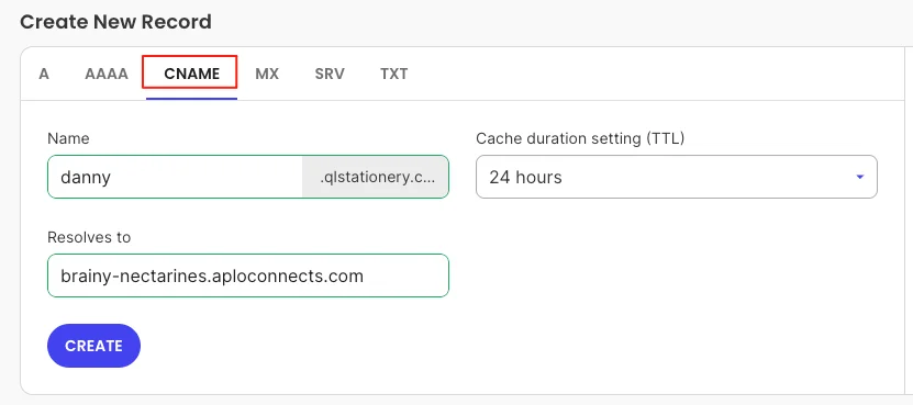 Adding the tracking subdomain CNAME record in DNS management.