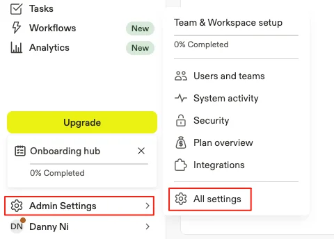 Apollo Admin Settings menu showing how to access All Settings for email marketing setup.