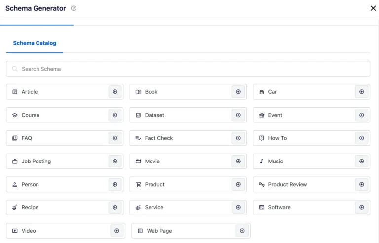 All in One SEO plugin schema tag catalog interface