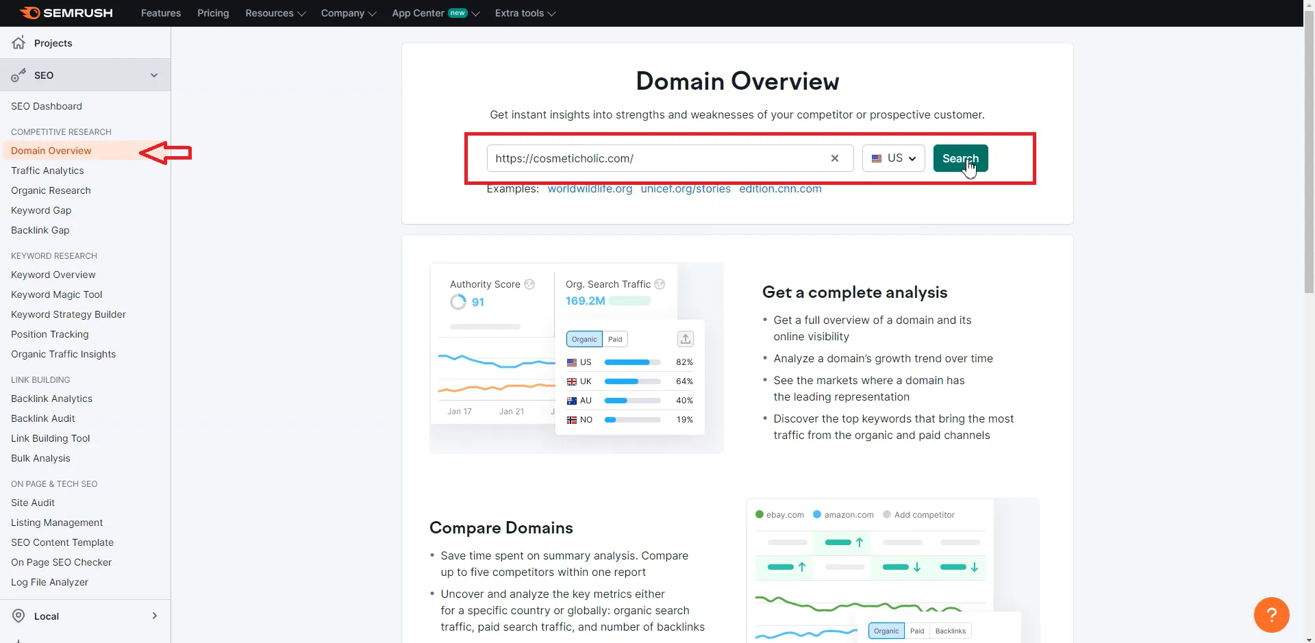 Navigating to SEMrush to find keywords for seo: SEMrush domain overview
