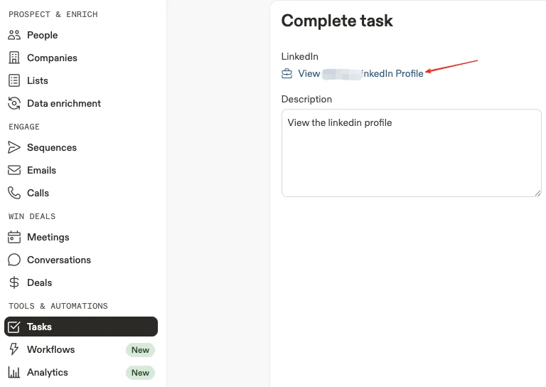 LinkedIn profile view task details with a direct link.