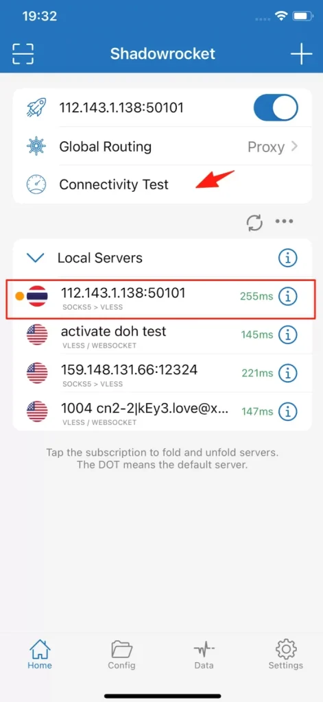 Running a connectivity test in Shadowrocket