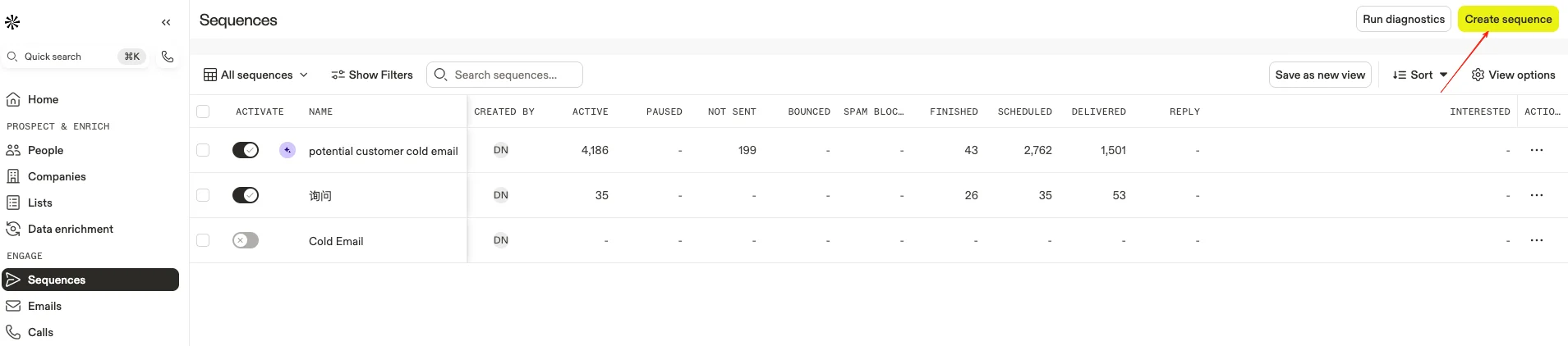 Creating a new email sequence in Apollo.