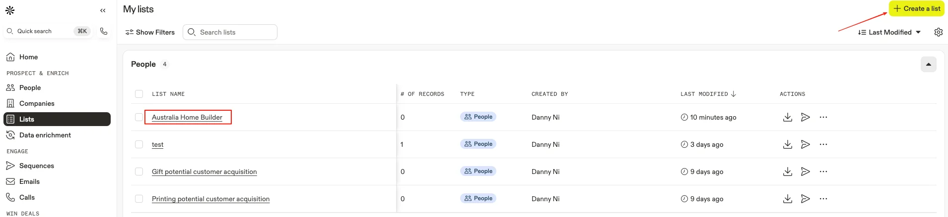 Creating a new contact list in Apollo.