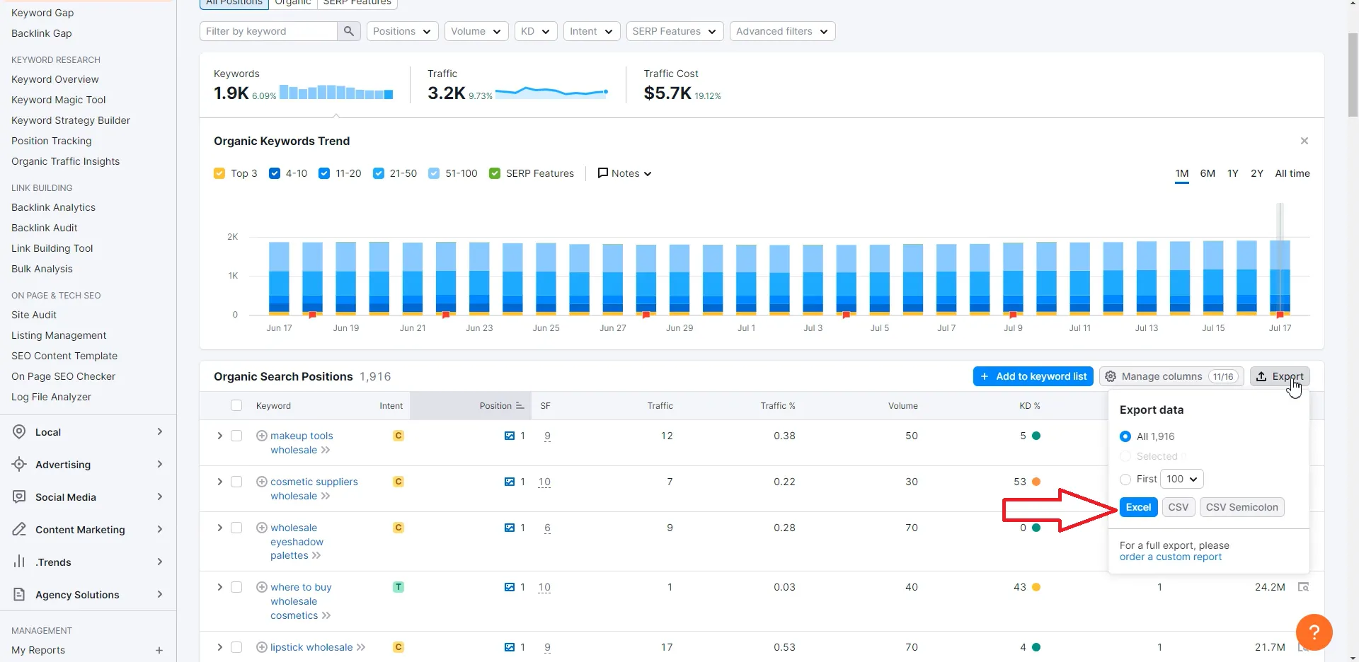 Export keywords from SEMrush