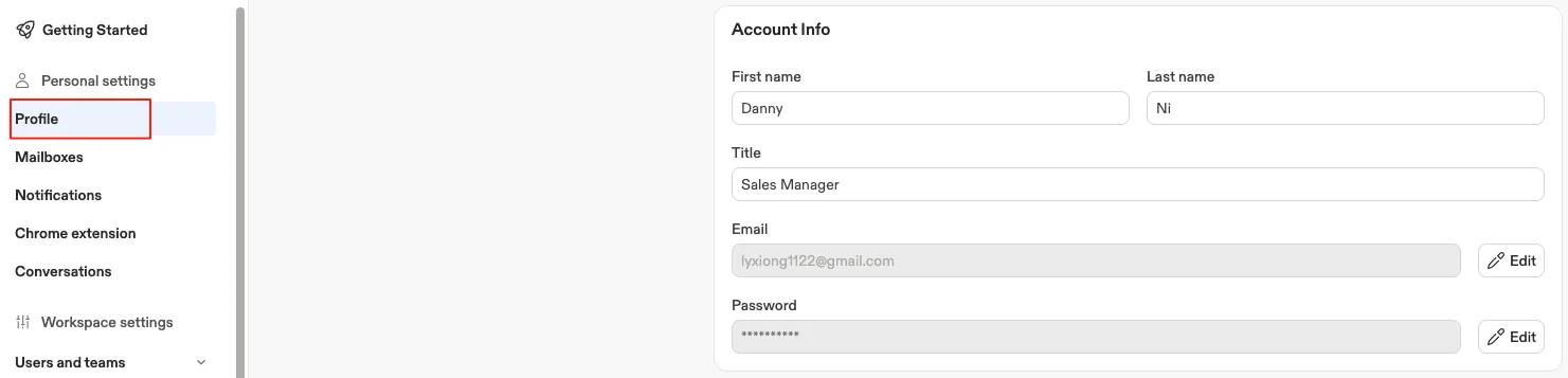 Filling out user profile details in Apollo, including name, title, and email.