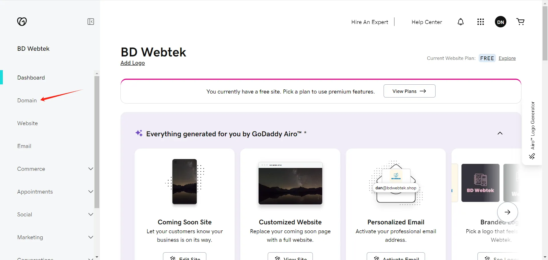 GoDaddy manage domain