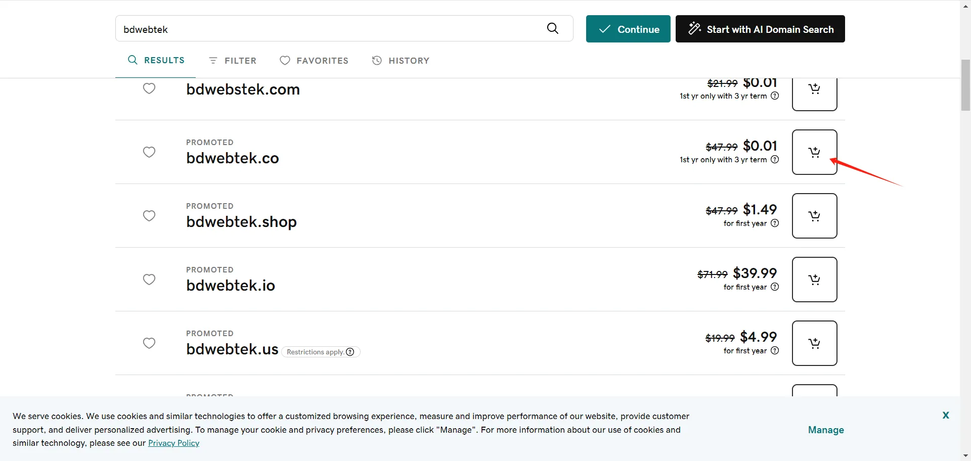 GoDaddy select domain and add to cart
