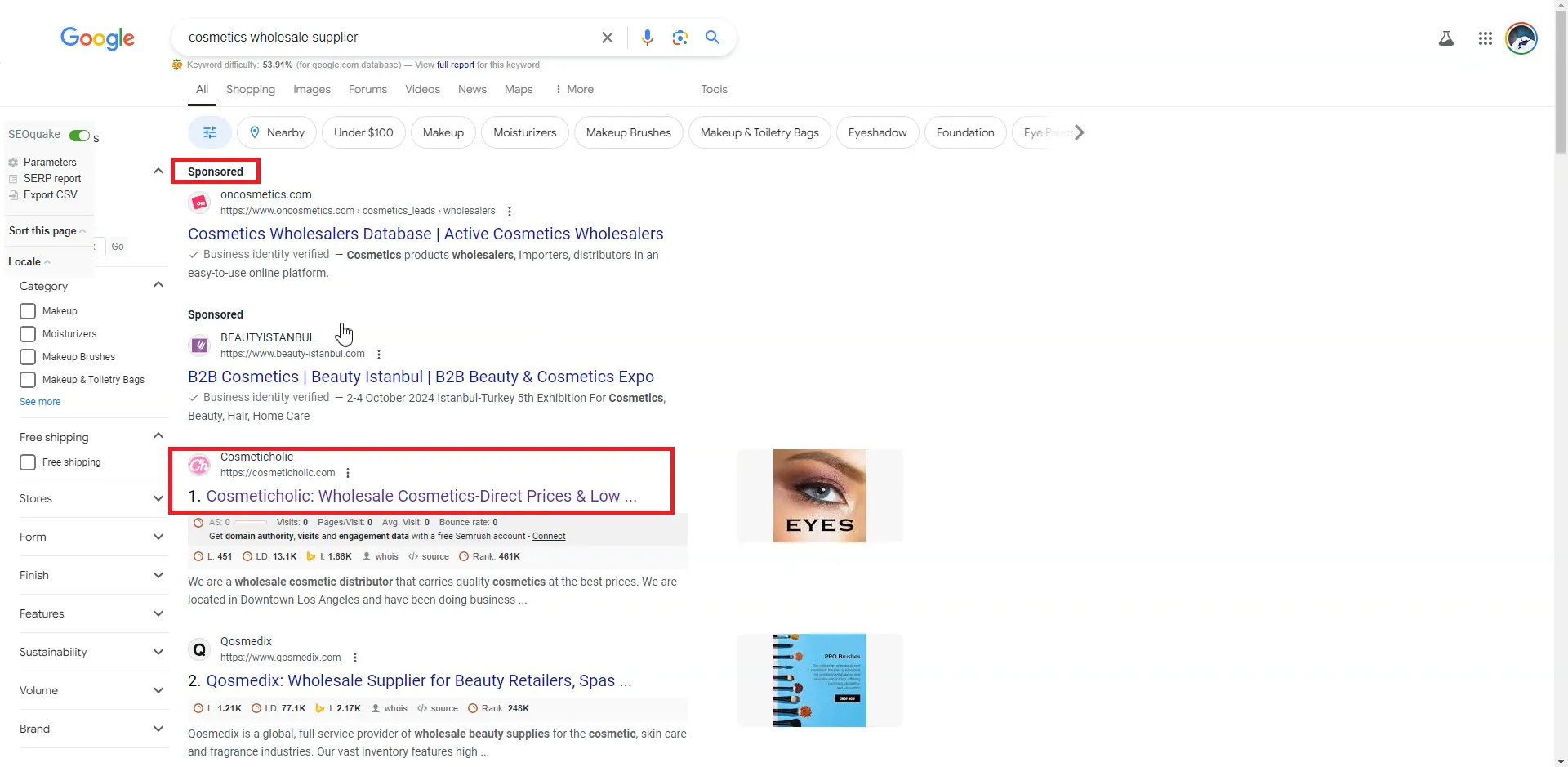 Google search results for cosmetics wholesale supplier