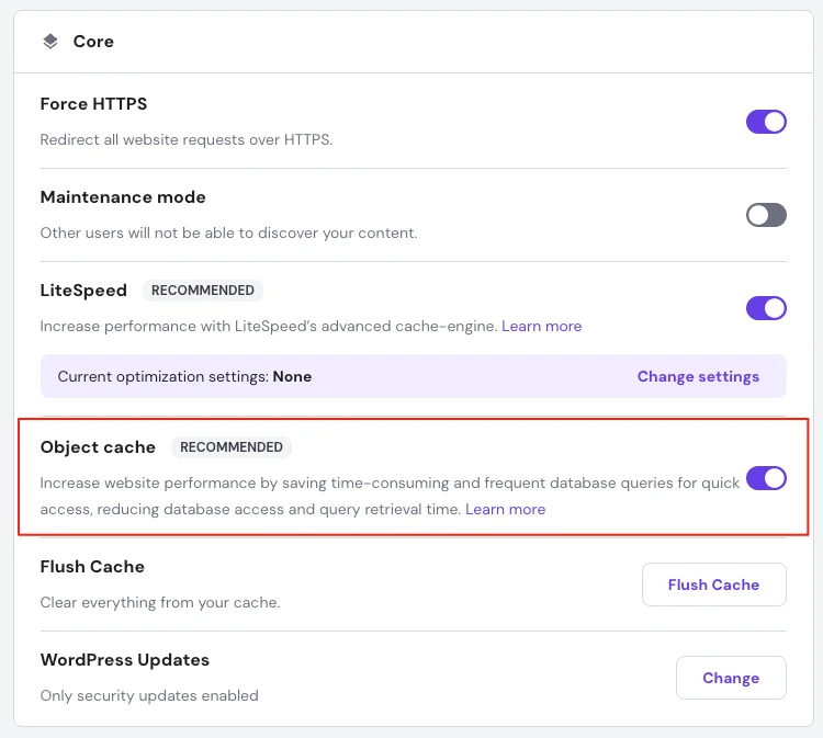 Hostinger object cache enabled
