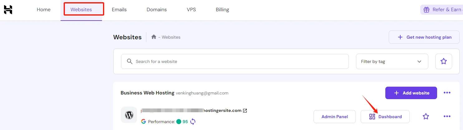 Hostinger website dashboard