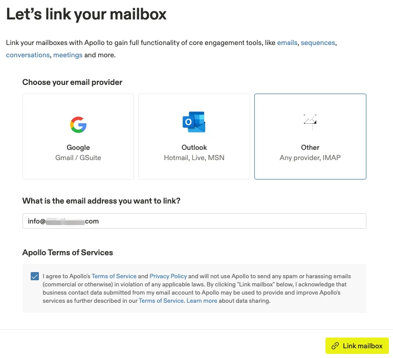 Choosing ‘Other’ to link a custom IMAP provider with Apollo.