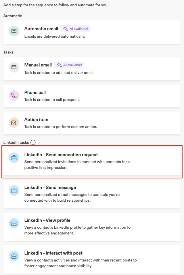 Setting a LinkedIn connection invitation task.