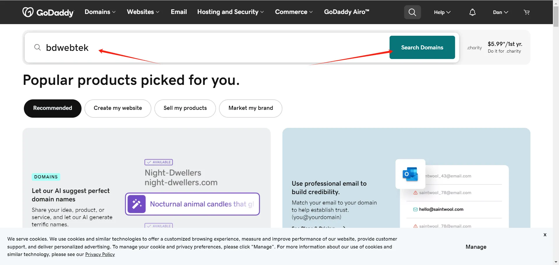 GoDaddy login and domain search