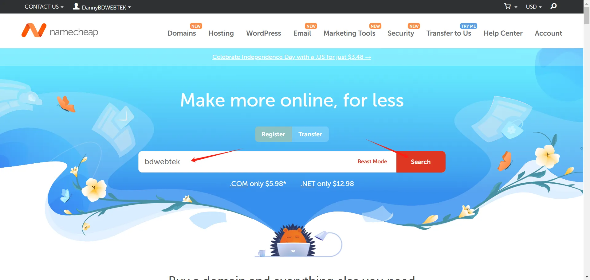 Namecheap login and domain search