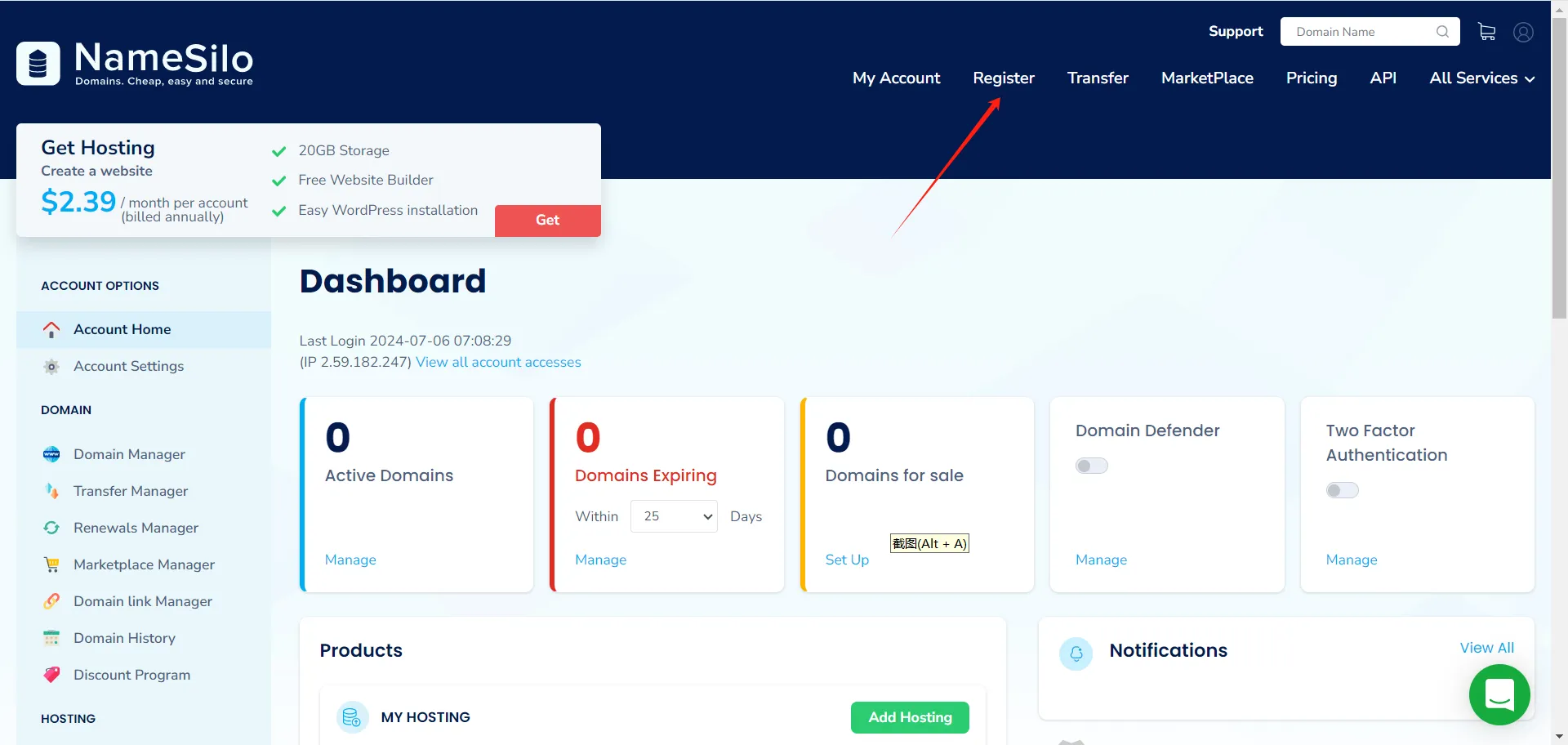 NameSilo register page