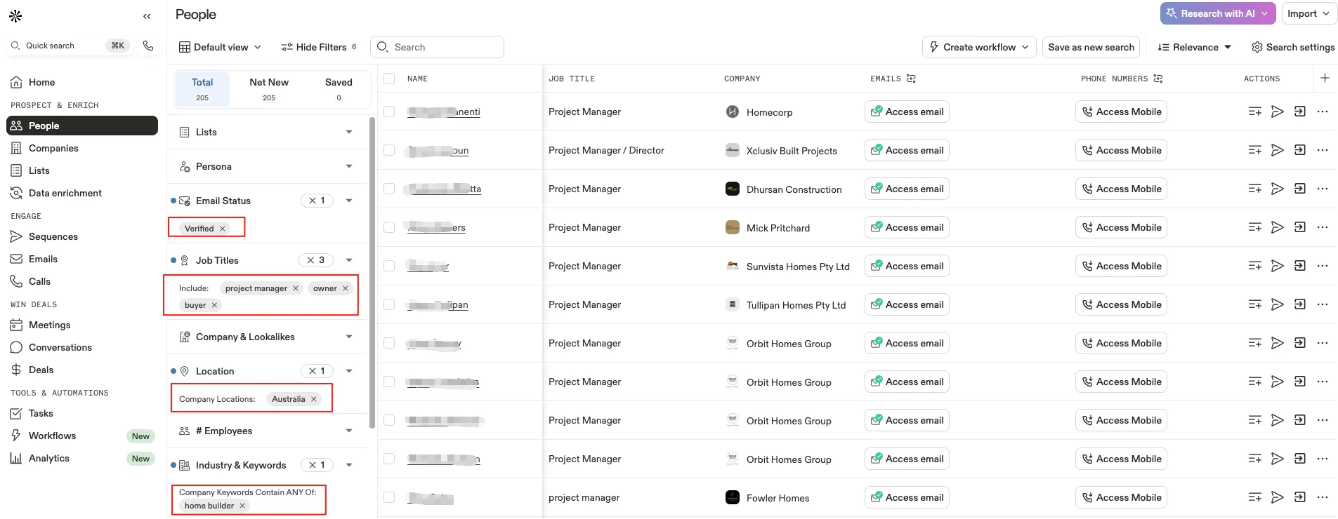 Apollo contact filters for job title, location, and industry.