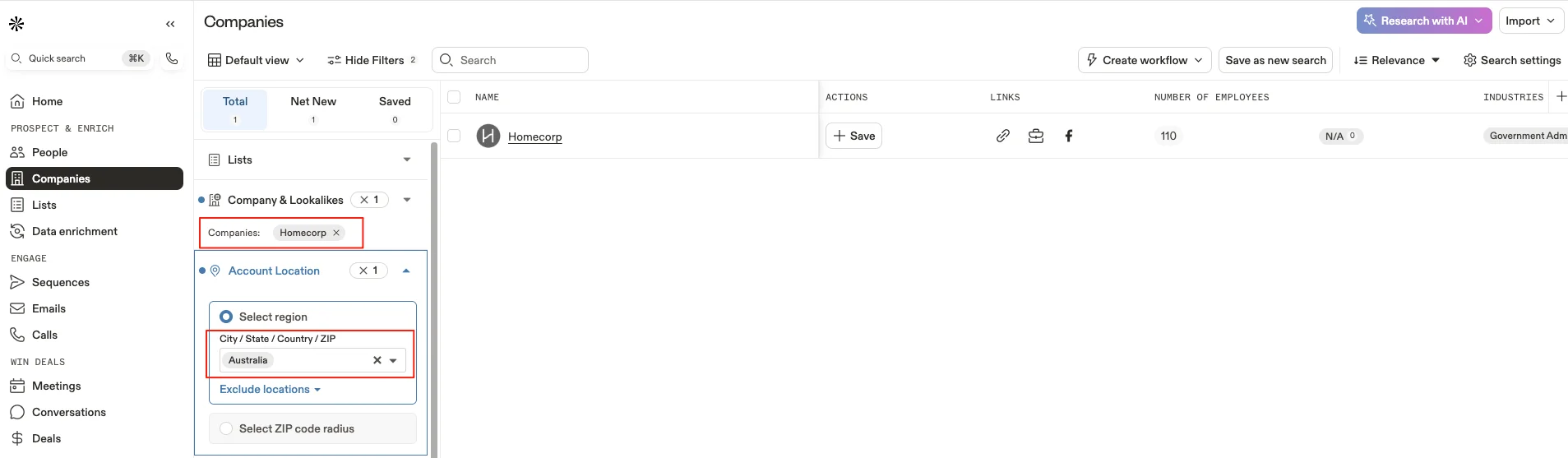 Searching for a company by name in Apollo.