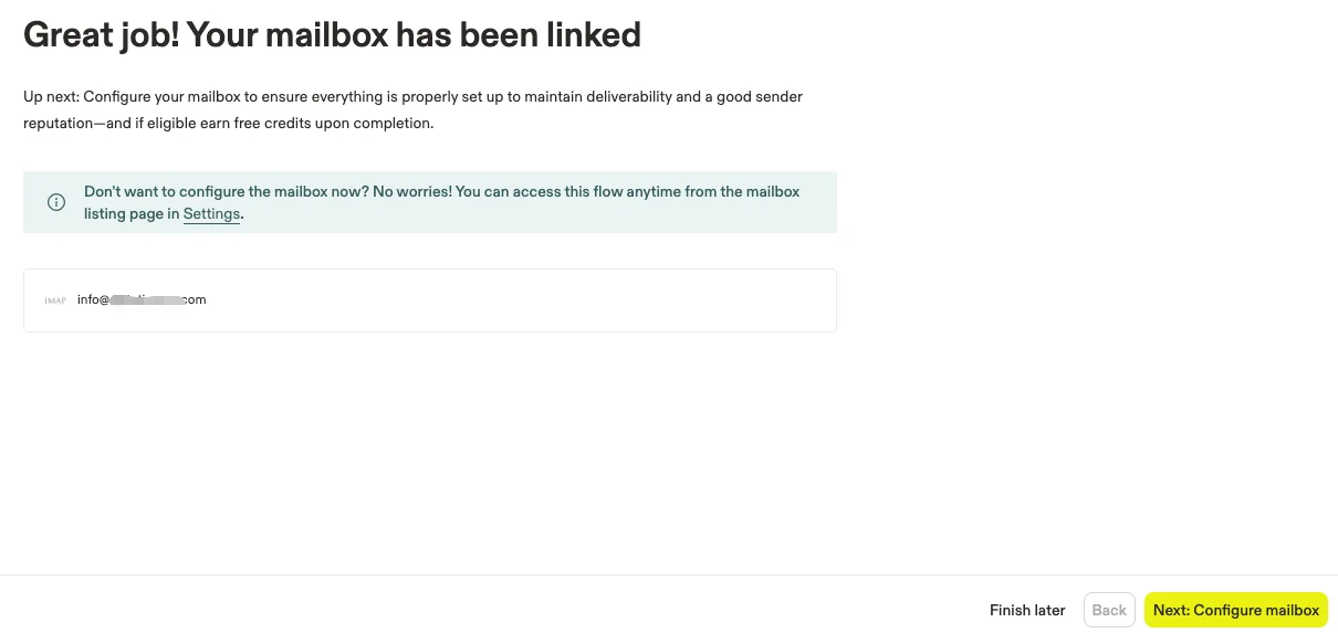 Confirmation screen showing a successfully linked mailbox in Apollo.