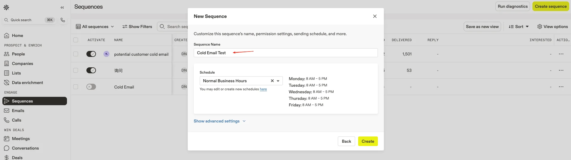 Naming the Apollo email sequence and setting the schedule.