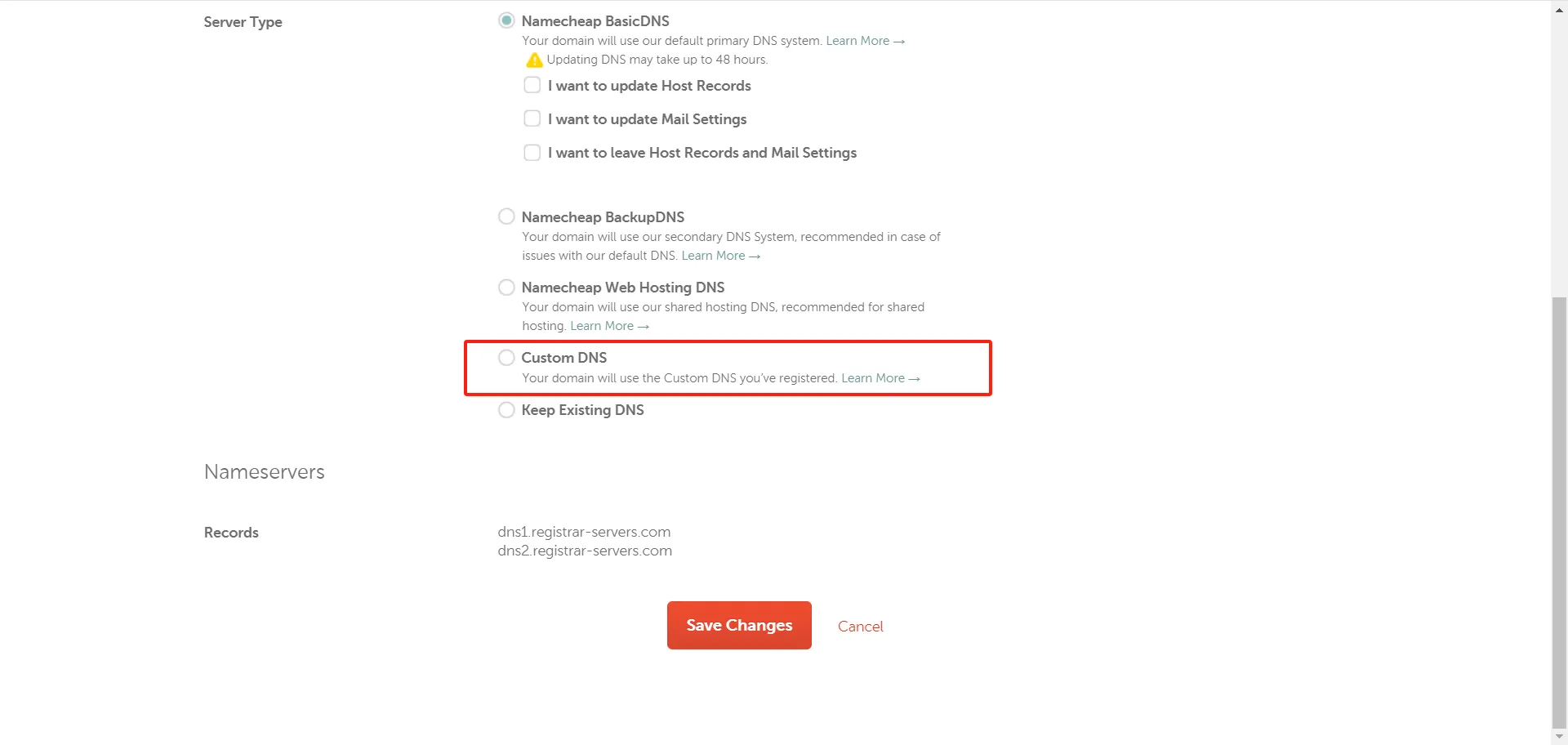 Namecheap choose custom DNS