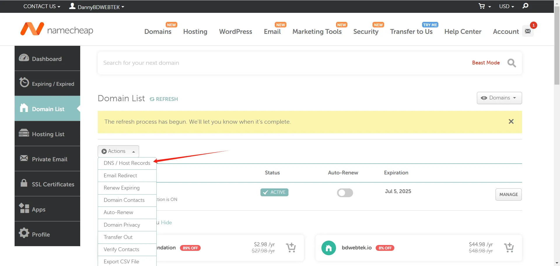 Namecheap DNS Host Records settings