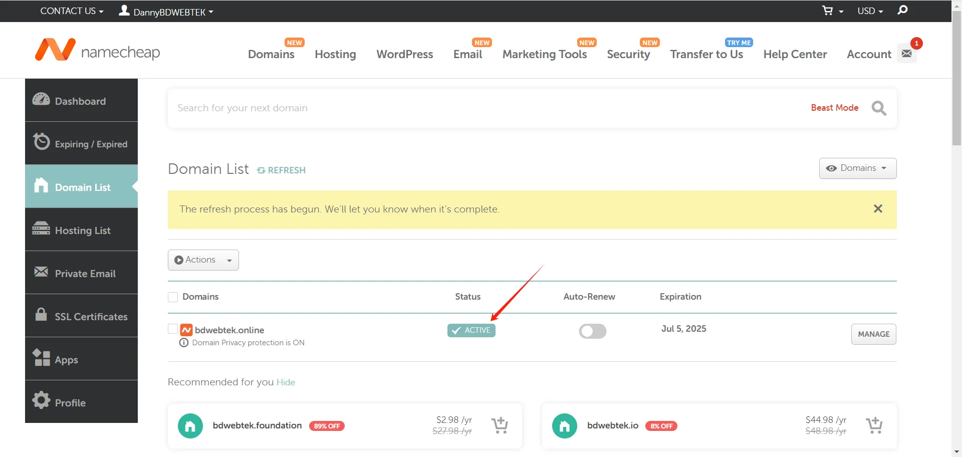 Namecheap domain status active