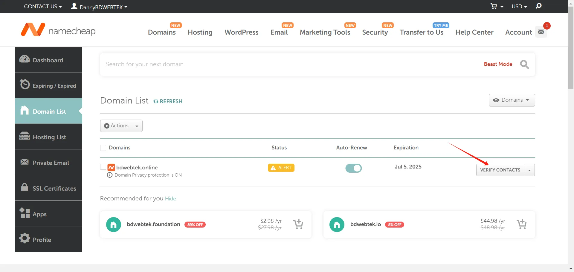 Namecheap verify contacts