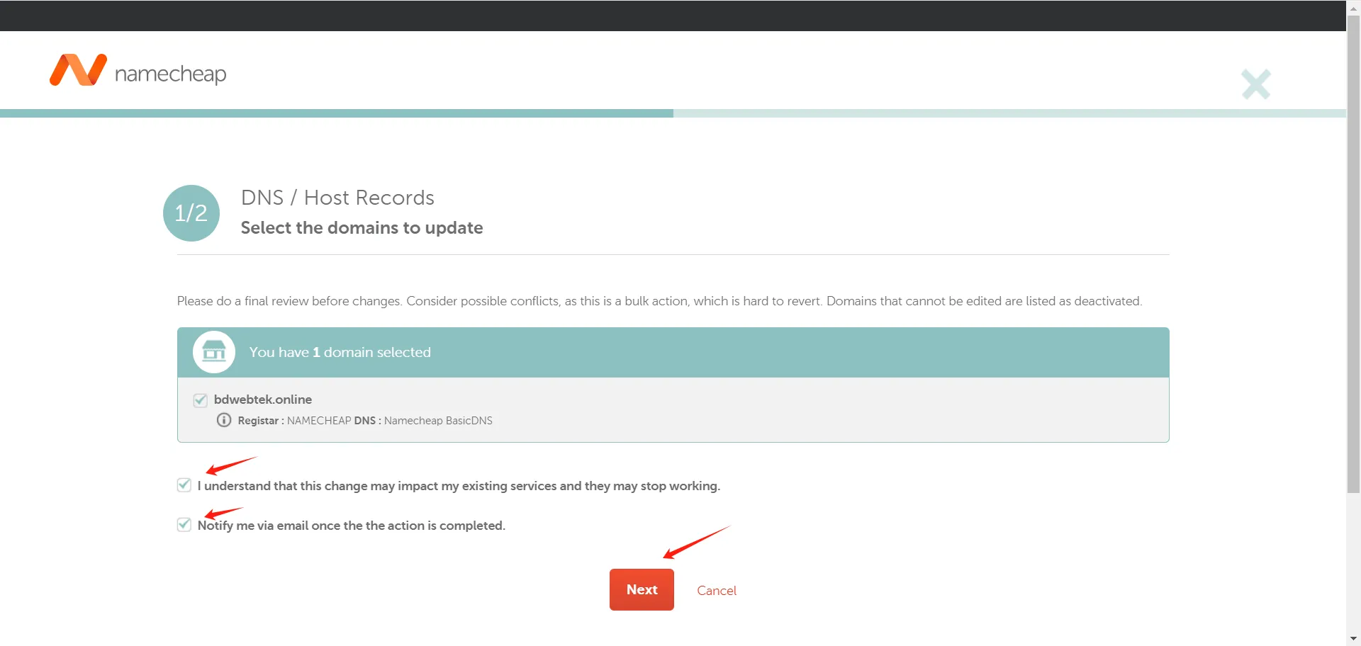 Namecheap select domain to update DNS