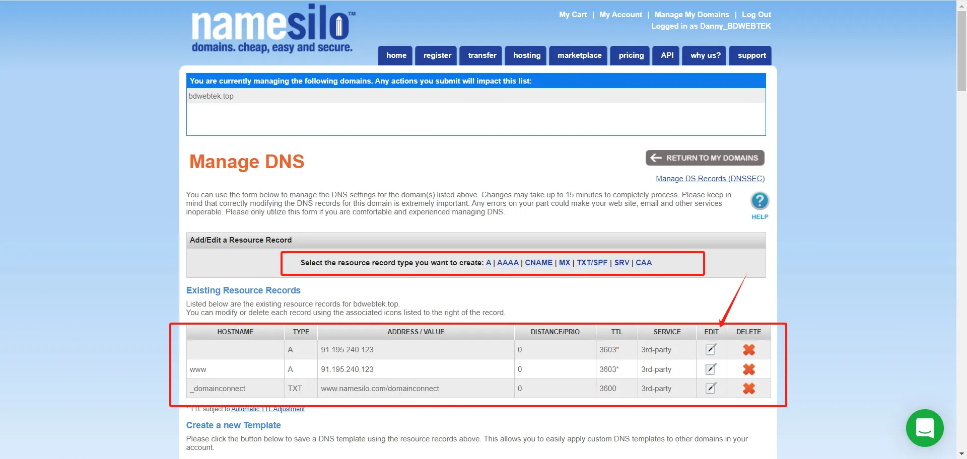 NameSilo add DNS records