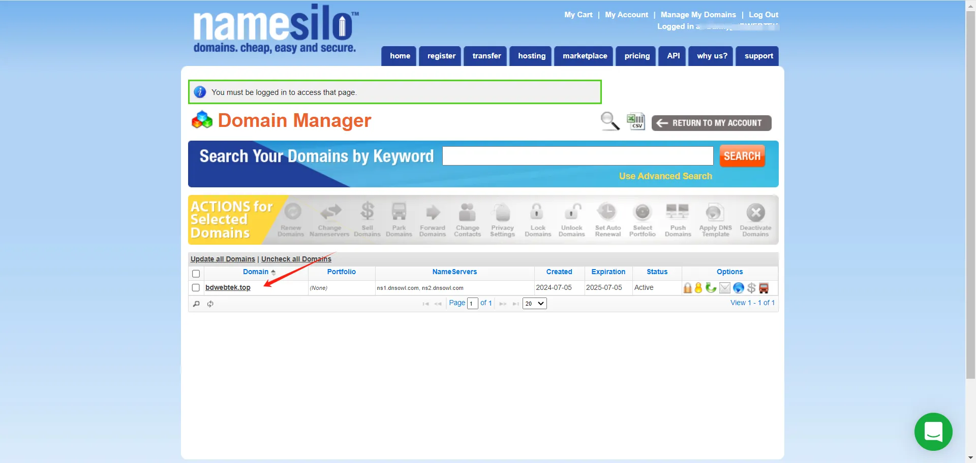 NameSilo choose domain to manage