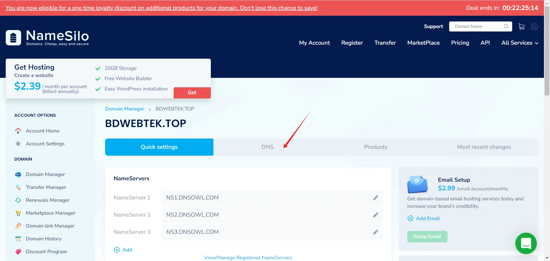 NameSilo DNS settings