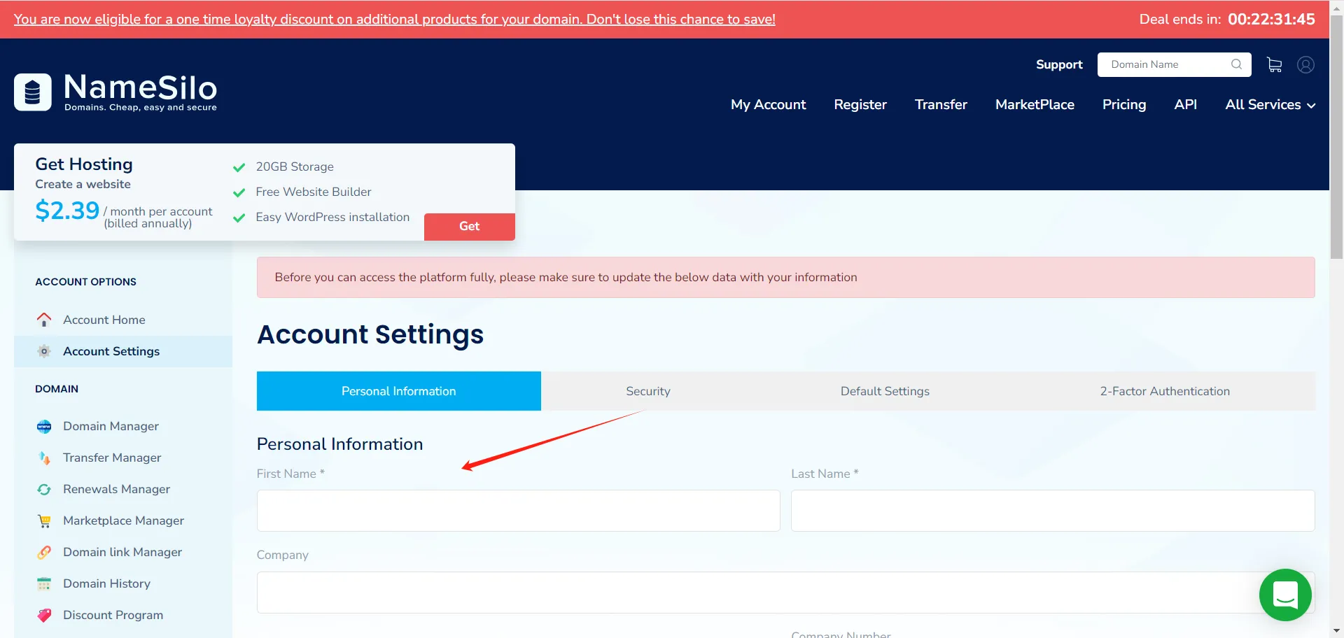 NameSilo fill in personal information