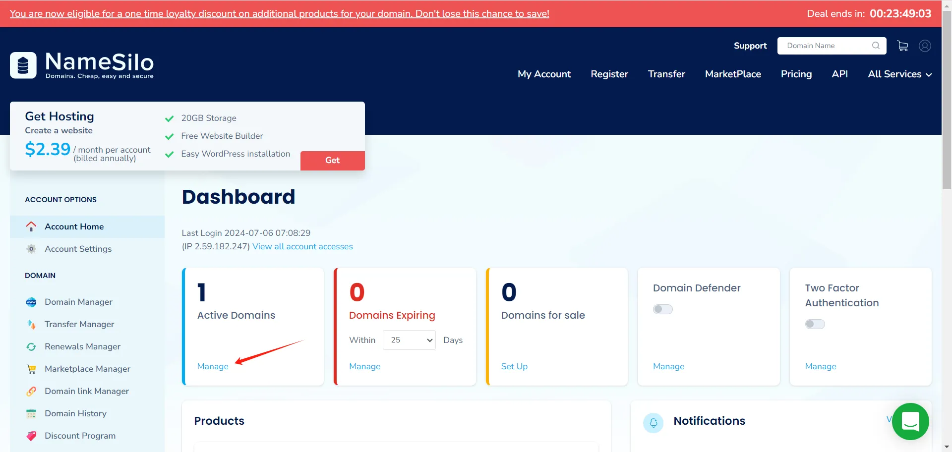 NameSilo manage domain