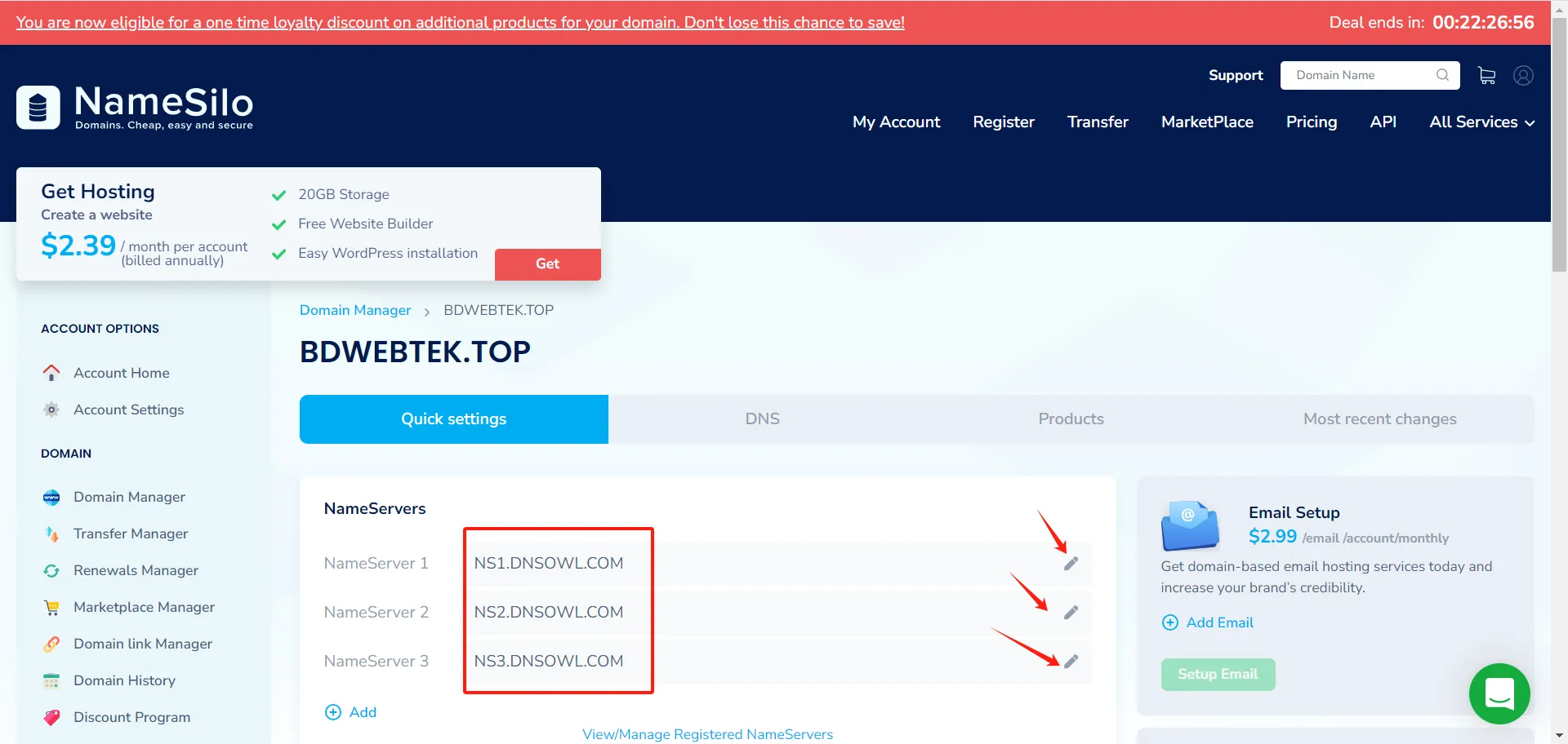 NameSilo name servers setting
