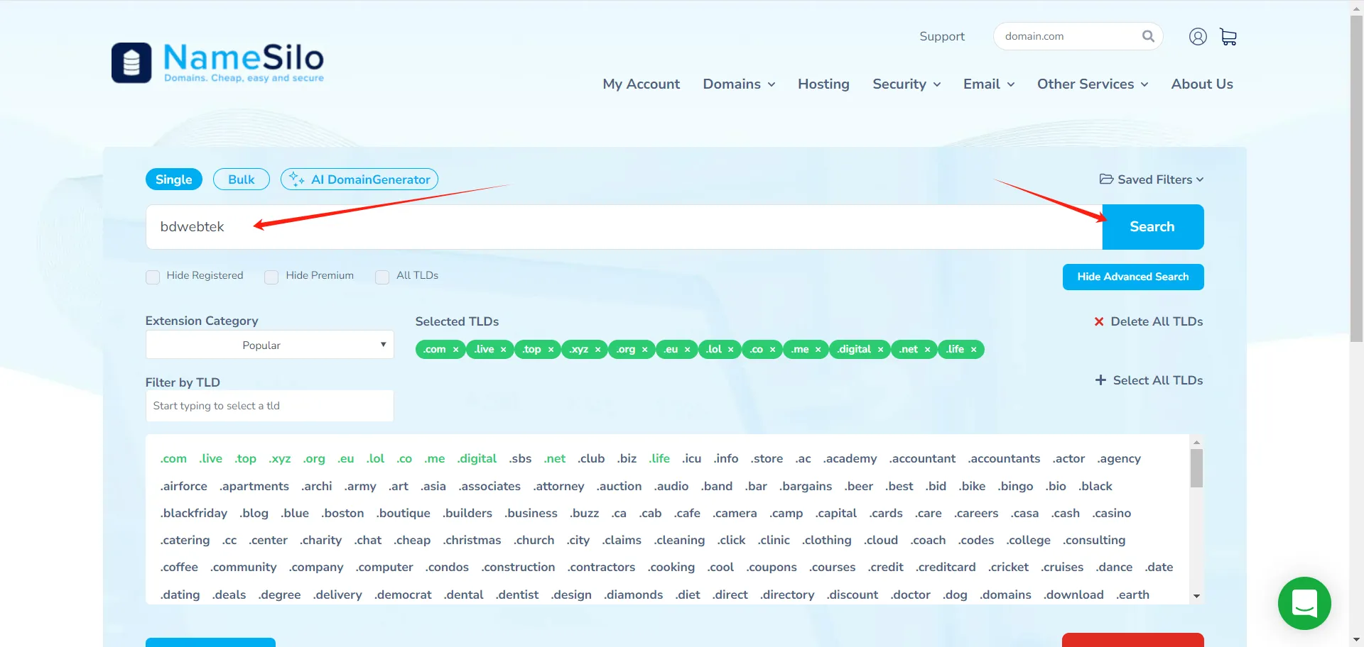 NameSilo domain search