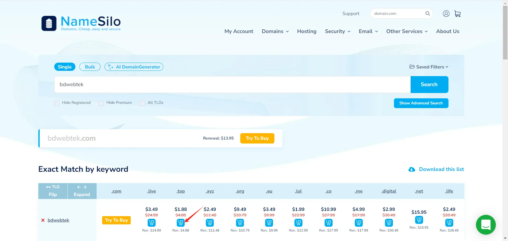 NameSilo select domain and add to cart