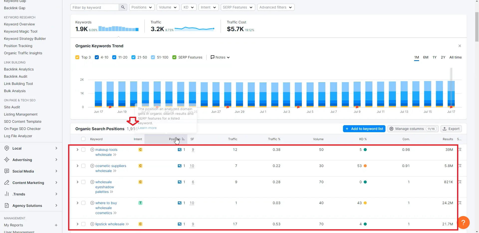 SEMrush organic keywords analysis