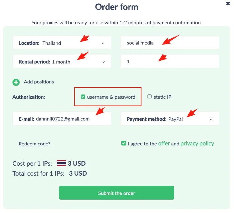 Submitting the ISP proxy order on Proxy-Seller