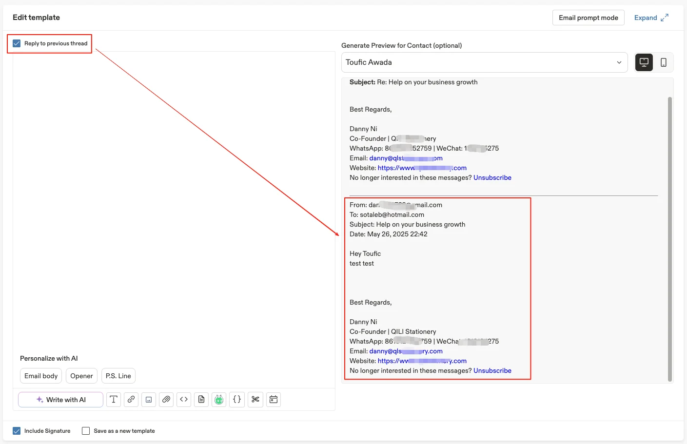 Checking Reply to previous thread to include the previous email content.