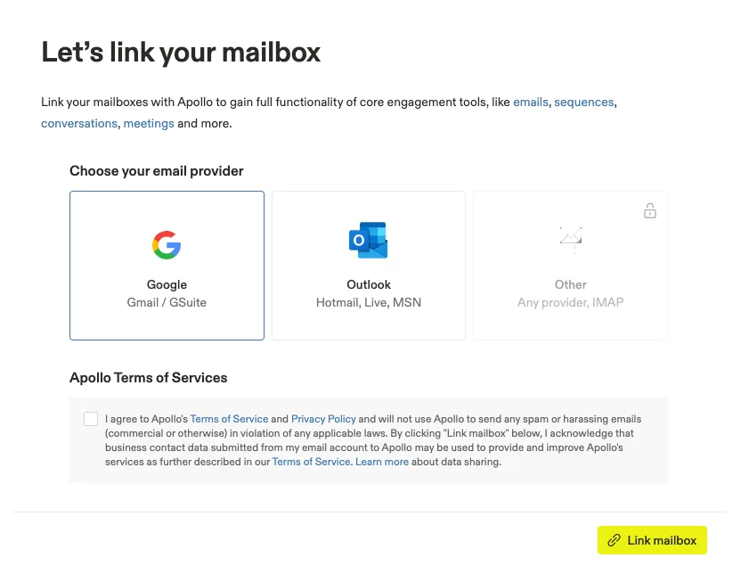 Selecting an email provider (Google, Outlook, or other) to connect with Apollo.