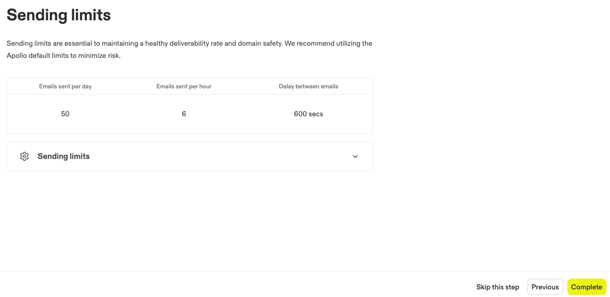 Apollo daily sending limits configuration screen.