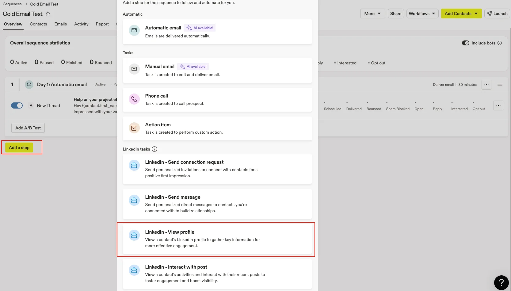 Adding a LinkedIn profile view step to the sequence.