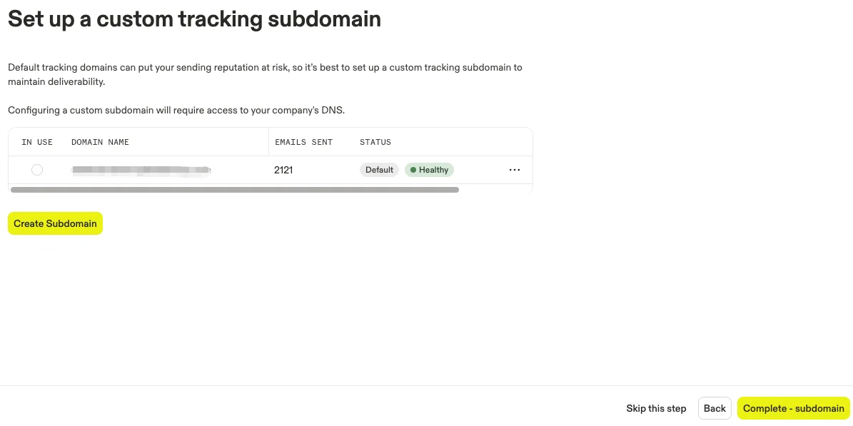 Apollo custom tracking subdomain setup entry.