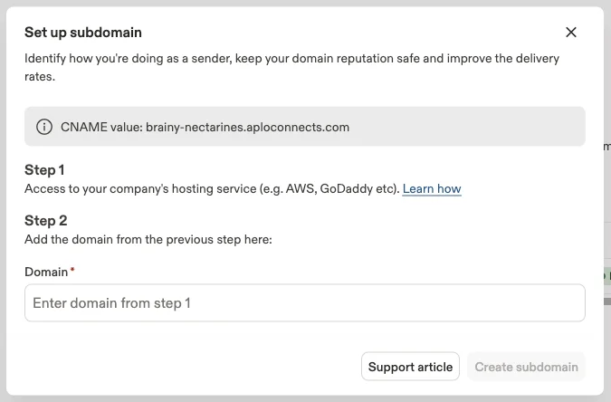 CNAME value generated by Apollo for the tracking subdomain.