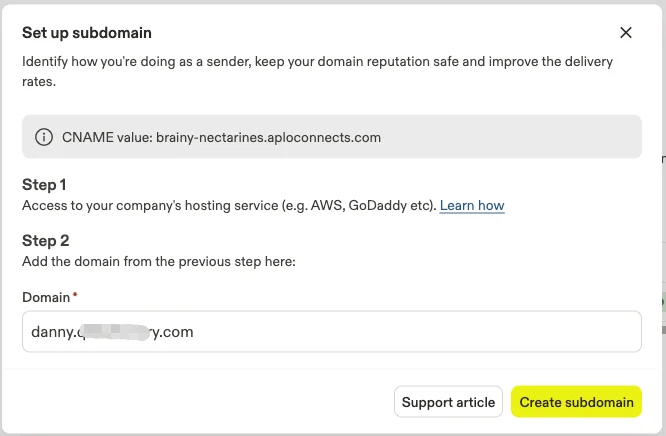 Entering the CNAME record into Apollo tracking subdomain settings.