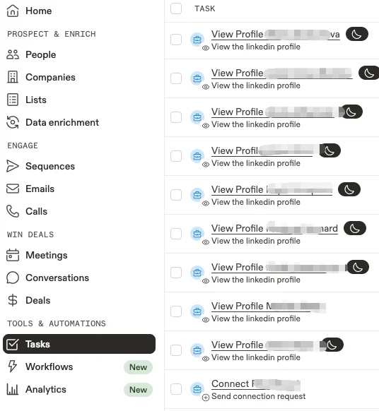 LinkedIn profile view tasks listed in the Tasks section.