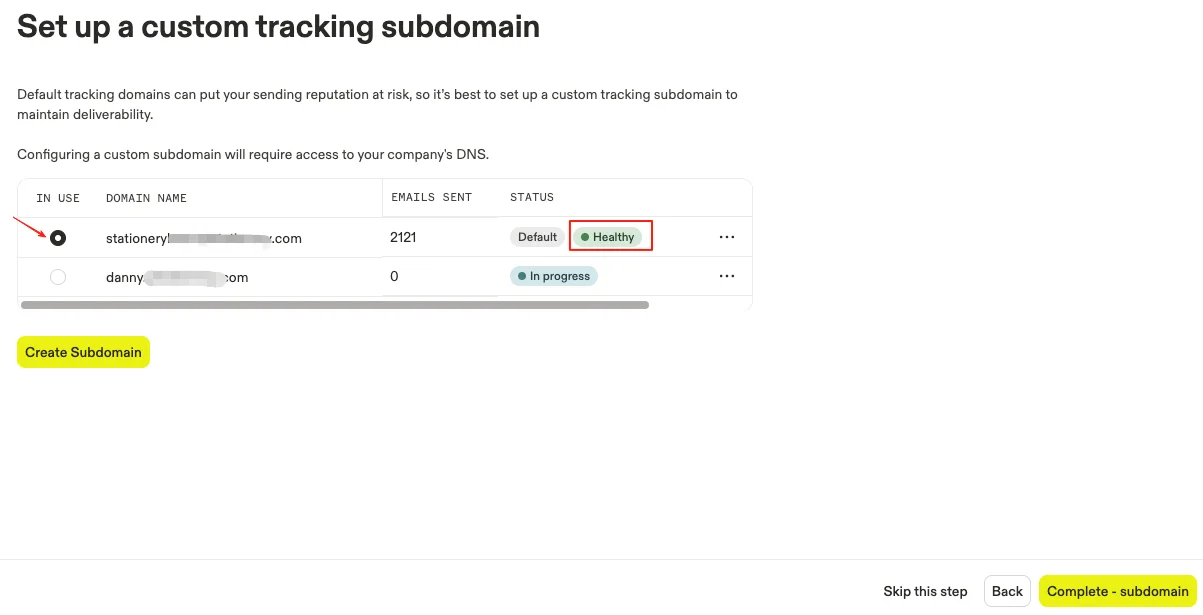 Tracking subdomain status showing Healthy.