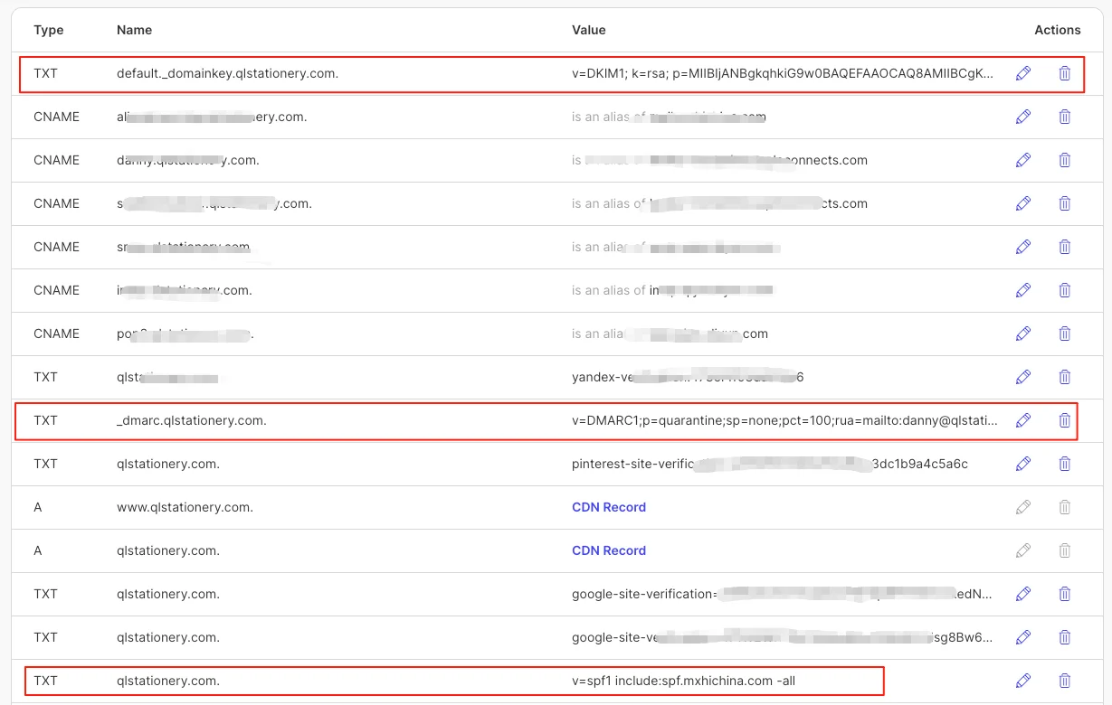 Three TXT records added in the DNS management panel.