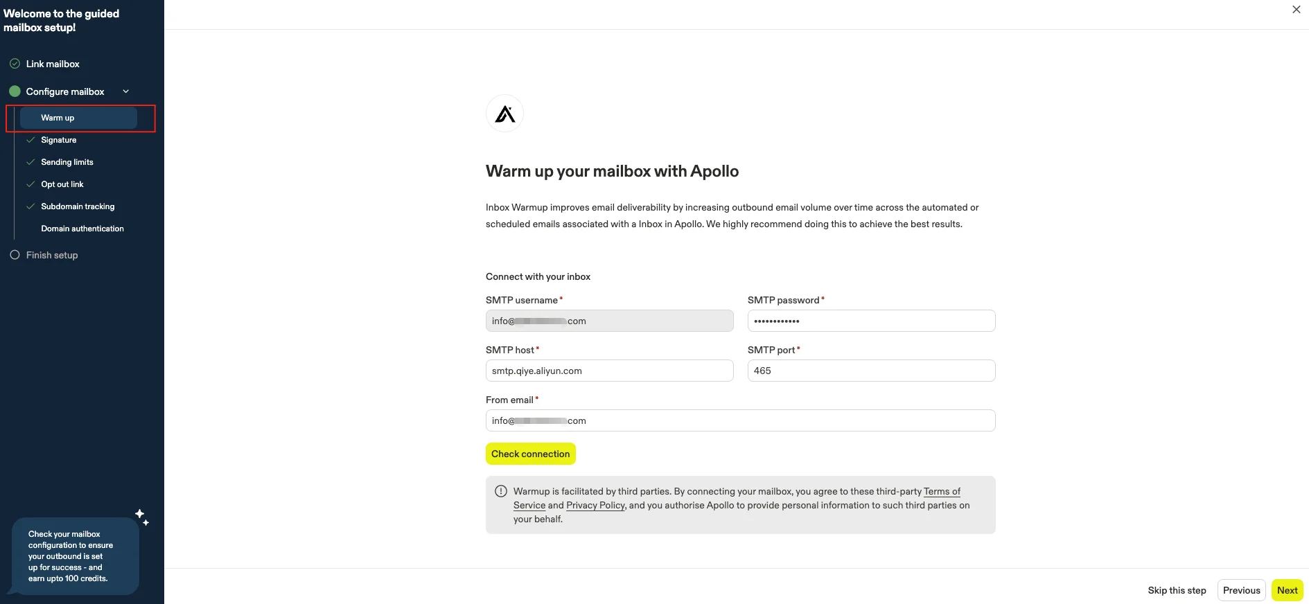 Apollo warm-up setup screen showing SMTP credentials and Check Connection button.